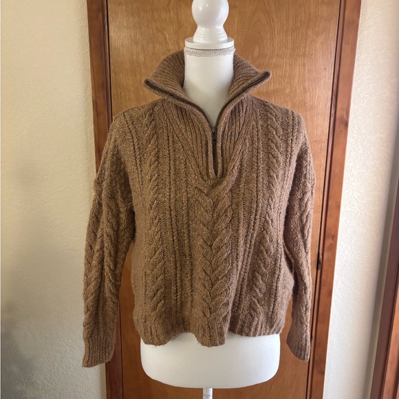Madewell Brown/Tan Cable Knit Wool Silk Blend Half Zip Sweater - Picture 5 of 11